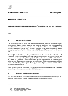 Kanton Basel-Landschaft Regierungsrat Vorlage an Den Landrat