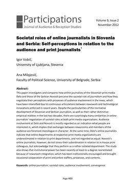 Societal Roles of Online Journalists in Slovenia and Serbia: Self-Perceptions in Relation to the Audience and Print Journalists1