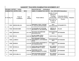 SANSKRIT TEACHERS EXAMINATION NOVEMBER 2017 REVANUE DISTRICT : Kollam EDUCATION DIST : Kottarakkara EXAMINATION CENTRE CODE: 39012 NAME of EXAMINATION CENTRE : Govt