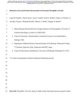 Distinctive Gene and Protein Characteristics of Extremely Piezophilic Colwellia 1 2 Logan M. Peoples1, Than S. Kyaw1, Juan A. Ug