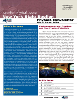American Physical Society New York State Section Physics Newsletter Zohreh Parsa, Editor