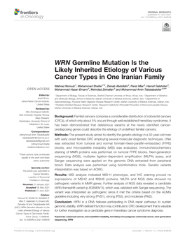 WRN Germline Mutation Is the Likely Inherited Etiology of Various Cancer Types in One Iranian Family