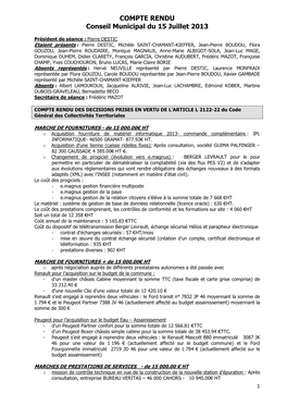 COMPTE RENDU Conseil Municipal Du 15 Juillet 2013