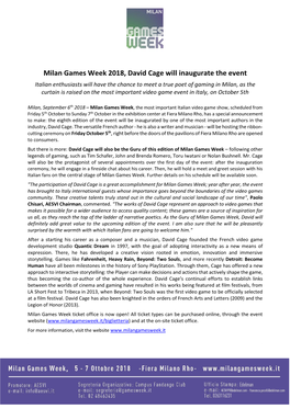 Milan Games Week 2018, David Cage Will Inaugurate the Event