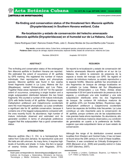 Re-Finding and Conservation Status of the Threatened Fern Maxonia Apiifolia (Dryopteridaceae) in Southern Havana Wetland, Cuba R