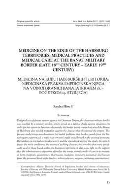 Medicine on the Edge of the Habsburg Territories: Medical Practices and Medical Care at the Banat Military Border (Late 18Th Century – Early 19Th Century)