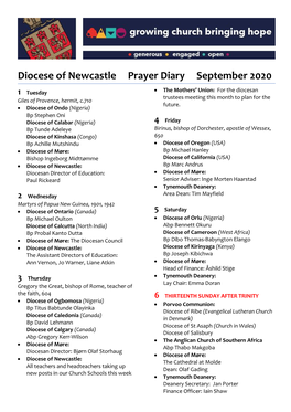 Diocese of Newcastle Prayer Diary September 2020