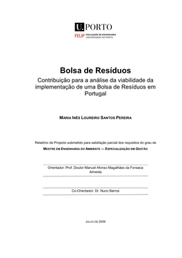 Bolsa De Resíduos Contribuição Para a Análise Da Viabilidade Da Implementação De Uma Bolsa De Resíduos Em Portugal