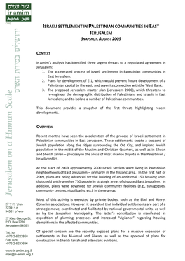 Israeli Settlement in Palestinian Communities in East Jerusalem Snapshot , August 2009