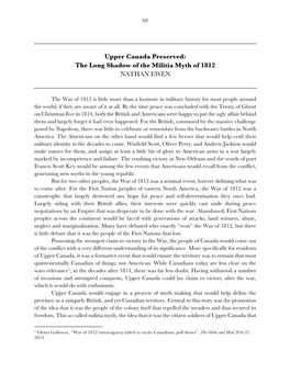 Upper Canada Preserved: the Long Shadow of the Militia Myth of 1812 NATHAN EWEN