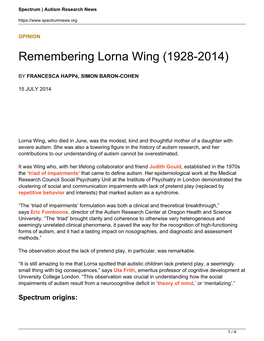 Remembering Lorna Wing (1928-2014)