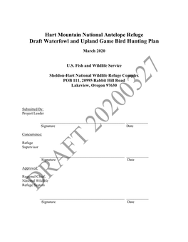 Hart Mountain National Antelope Refuge Draft Waterfowl and Upland Game Bird Hunting Plan