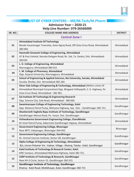 LIST of CYBER CENTERS – ME/M.Tech/M.Pharm Admission Year – 2020-21