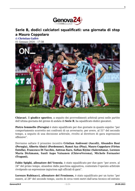 Serie B, Dodici Calciatori Squalificati: Una Giornata Di Stop a Mauro