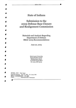 State of Indiana Submission to the 2005 Defense Base Closure and Realignment Commission