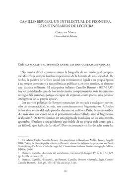 CAMILLO BERNERI, UN INTELECTUAL DE FRONTERA. TRES ITINERARIOS DE LECTURA Carlo De Maria Universidad De Bolonia