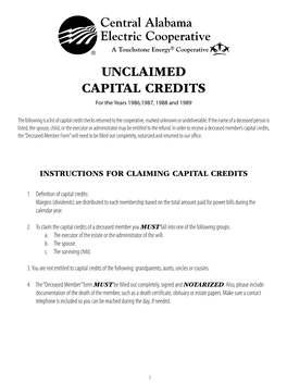 UNCLAIMED CAPITAL CREDITS for the Years 1986,1987, 1988 and 1989