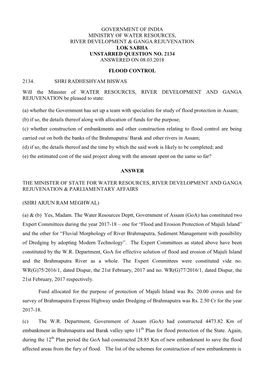 Government of India Ministry of Water Resources, River Development & Ganga Rejuvenation Lok Sabha Unstarred Question No