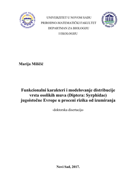 Funkcionalni Karakteri I Modelovanje Distribucije Vrsta Osolikih Muva (Diptera: Syrphidae) Jugoistočne Evrope U Proceni Rizika Od Izumiranja