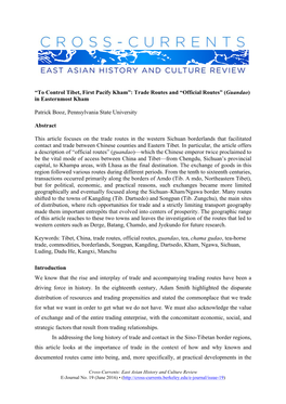 Trade Routes and “Official Routes” (Guandao) in Easternmost Kham