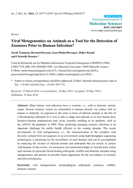 Viral Metagenomics on Animals As a Tool for the Detection of Zoonoses Prior to Human Infection?