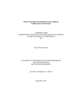 Winter-Emerging Chironomidae (Insecta: Diptera) in Minnesota Trout Streams a DISSERTATION SUBMITTED to the FACULTY of the GRADUA