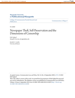Newspaper Theft, Self-Preservation and the Dimensions of Censorship Erik Ugland Marquette University, Erik.Ugland@Mu.Edu