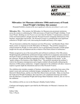 Milwaukee Art Museum Celebrates 150Th Anniversary of Frank Lloyd