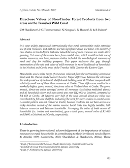 Direct-Use Values of Non-Timber Forest Products from Two Areas on the Transkei Wild Coast