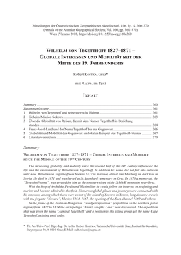 Wilhelm Von Tegetthoff 1827–1871 – Globale Interessen Und Mobilität Seit Der Mitte Des 19