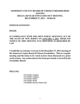 Somerset County Board of Chosen Freeholders Agenda Regular/Year End Close-Out Meeting December 27, 2011 – 10:00Am