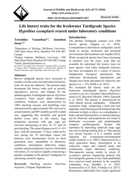 Life History Traits for the Freshwater Tardigrade Species Hypsibius Exemplaris Reared Under Laboratory Conditions