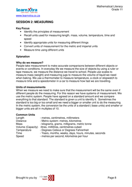 Grade 11 Maths Literacy Session 2 Measuring