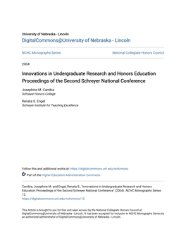 Innovations in Undergraduate Research and Honors Education Proceedings of the Second Schreyer National Conference