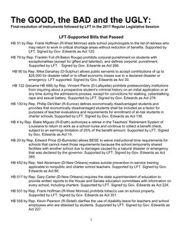 The GOOD, the BAD and the UGLY: Final Resolution of Instruments Followed by LFT in the 2017 Regular Legislative Session