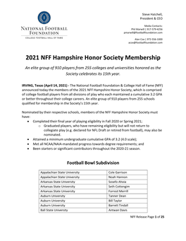 2021 NFF Hampshire Honor Society Membership an Elite Group of 910 Players from 255 Colleges and Universities Honored As the Society Celebrates Its 15Th Year