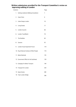 Written Submissions Provided for the Transport Committee's Review on Improving Walking in London