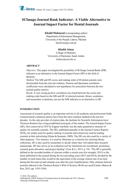 Scimago Journal Rank Indicator: a Viable Alternative to Journal Impact Factor for Dental Journals
