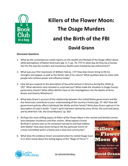 Killers of the Flower Moon: the Osage Murders and the Birth of the FBI David Grann Discussion Questions