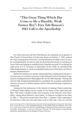 Ezra Taft Benson's 1943 Call to the Apostleship