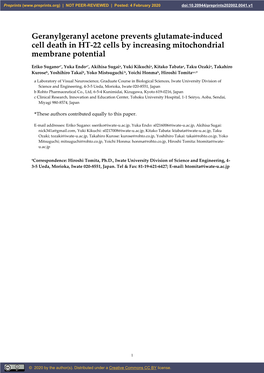 Geranylgeranyl Acetone Prevents Glutamate-Induced Cell Death in HT-22 Cells by Increasing Mitochondrial Membrane Potential