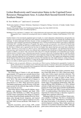 Lichen Biodiversity and Conservation Status in the Copeland Forest Resources Management Area: a Lichen-Rich Second-Growth Forest in Southern Ontario