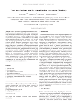 Iron Metabolism and Its Contribution to Cancer (Review)