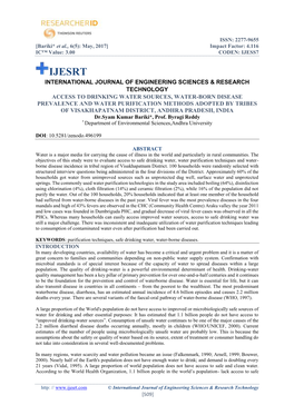 Access to Drinking Water Sources, Water-Born Disease Prevalence and Water Purification Methods Adopted by Tribes of Visakhapatna