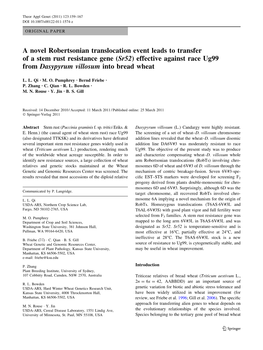 A Novel Robertsonian Translocation Event Leads to Transfer of a Stem Rust Resistance Gene (Sr52) Effective Against Race Ug99 from Dasypyrum Villosum Into Bread Wheat