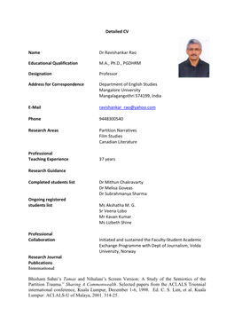 Detailed CV Name Dr Ravishankar Rao Educational Qualification M.A