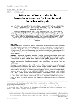 Safety and Efficacy of the Tablo ® Hemodialysis System for In-Center