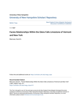 Facies Relationships Within the Glens Falls Limestone of Vermont and New York