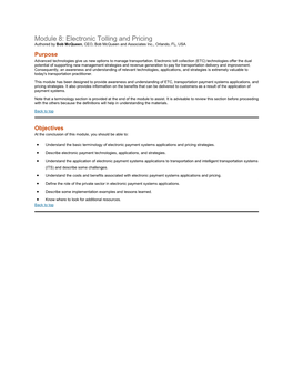 Electronic Tolling and Pricing Authored by Bob Mcqueen, CEO, Bob Mcqueen and Associates Inc., Orlando, FL, USA