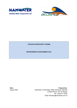 August 2020 Namwater, Private Bag 13389, Windhoek, Namibia Contact Person: N.P Du Plessis Tel: +264-6171 2093 Email: Plessisn@Namwater.Com.Na